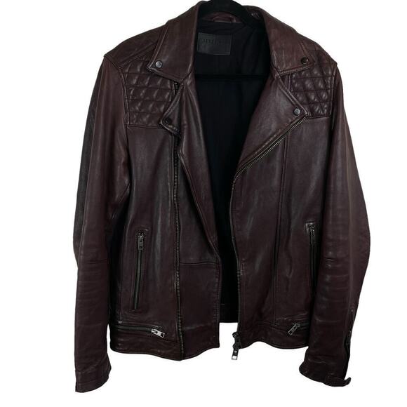 All Saints Conroy Crinkled Quilted Shoulder Leather Biker Jacket Oxblood Size M - Picture 2 of 11